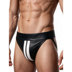Rouge Leather Jocks with Stripe and Zip Black/White (T11500)