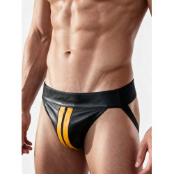 Rouge Leather Jocks with Stripe and Zip Black/Yellow (T11501)